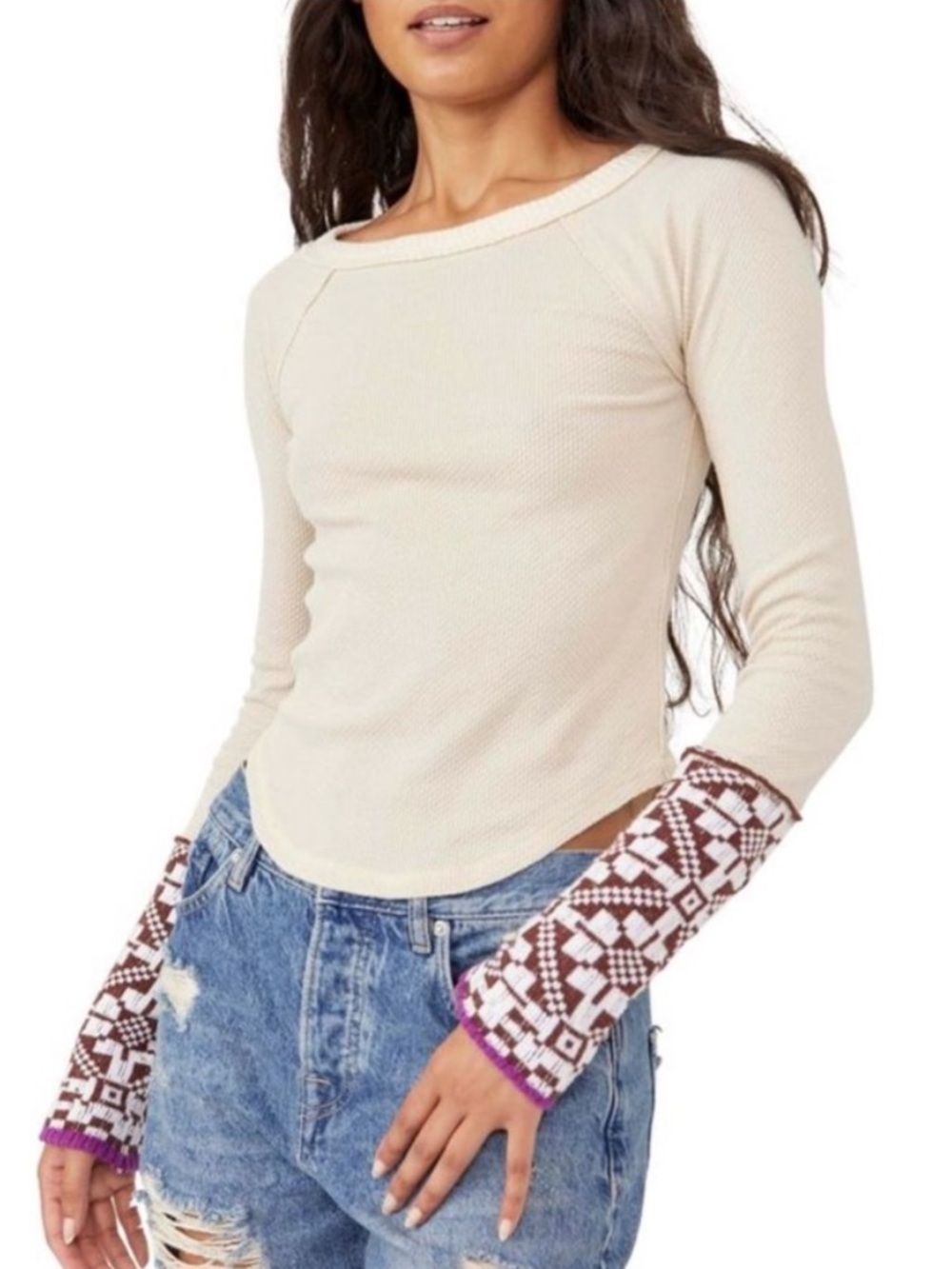 Free People She's Reversible Waffle Knit Nordic Thick Cuff Top Oat New SPOTS M